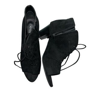 Catherines Black Lace Up‎ Open Toe Ankle Boots Size 9.5W Whimsigoth Biker